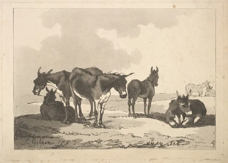 A Group of Five Donkeys, Three Standing, Two Lying Wall Art by Thomas Rowlandson - High-Resolution Digital Print