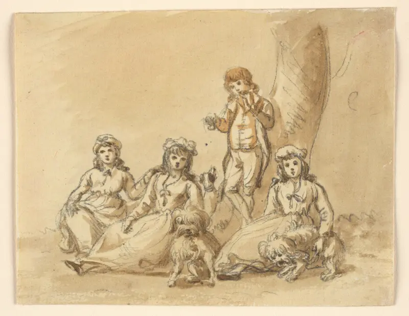 A Group of Four Children, with Dogs Wall Art by Paul Sandby - High-Resolution Digital Print
