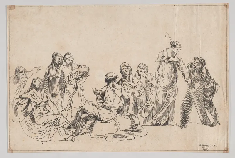 A group of nine women, one at center holds a baby and one at right holds a shepherdess's crook Wall Art by Anonymous - High-Resolution Digital Print