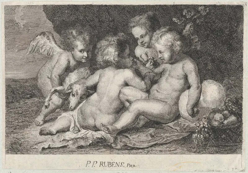 A group of three children and a putto with fruit and a lamb Wall Art by Philip Spruyt - High-Resolution Digital Print