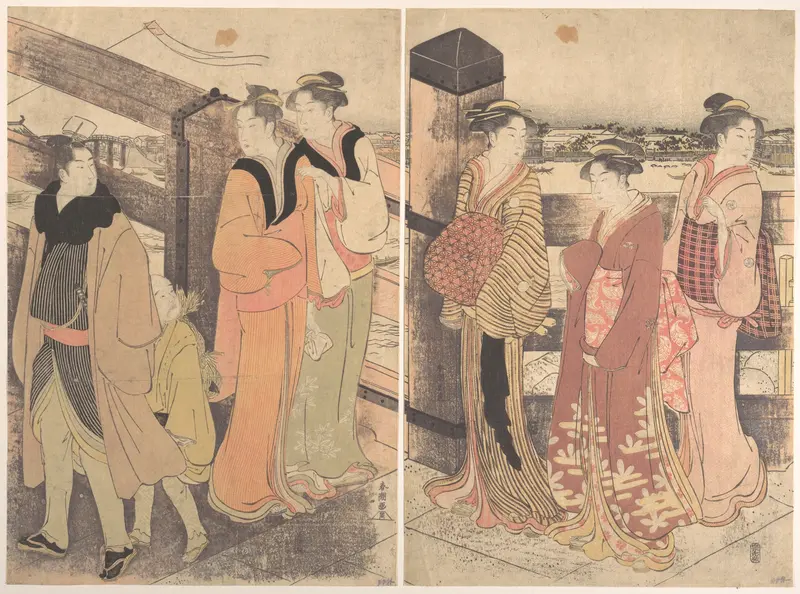 A Group of Women, One Man and a Boy on a Bridge