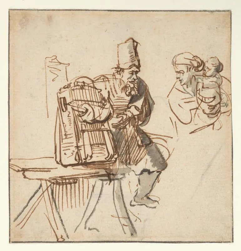 A Hawker Showing an Animal in a Cage to a Woman and Her Child Wall Art by School of Rembrandt van Rijn - High-Resolution Digital Print