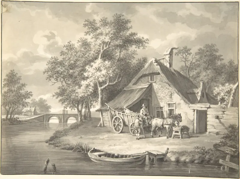 A Haywagon In front of a Cottage Beside a Stream Wall Art by Anonymous, British, 19th century - High-Resolution Digital Print