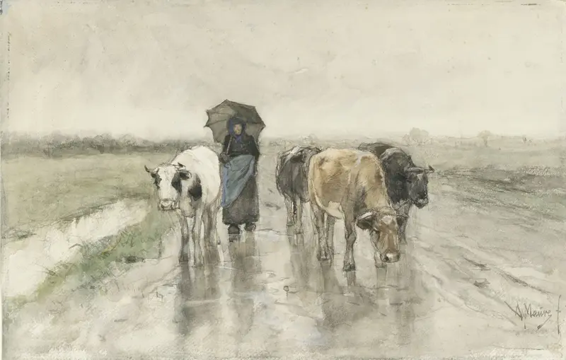 A Herdess with Cows on a Country Road in the Rain Wall Art by Unknown - High-Resolution Digital Print