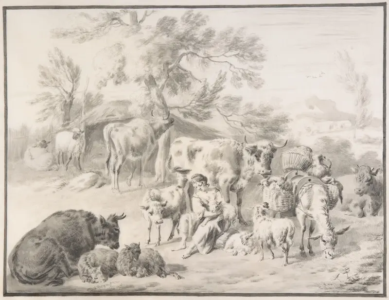 A Herdswoman Seated Amongst Her Animals, with a Lamb in Her Arms Wall Art by Dirck van Bergen - High-Resolution Digital Print