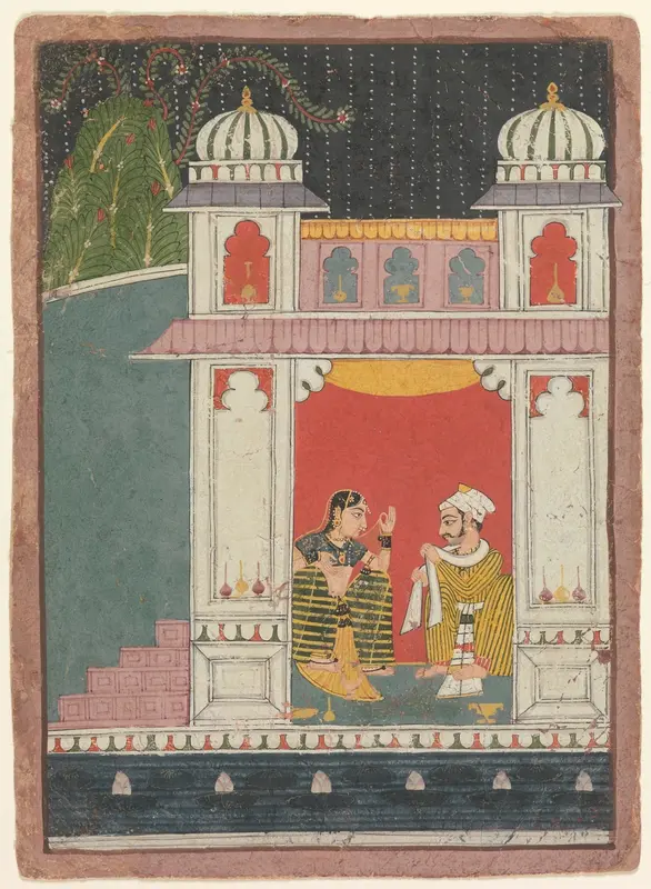 A Heroine and Her Lover in a Pavilion: Page from a Dispersed Nayikabheda Wall Art by Unknown - High-Resolution Digital Print