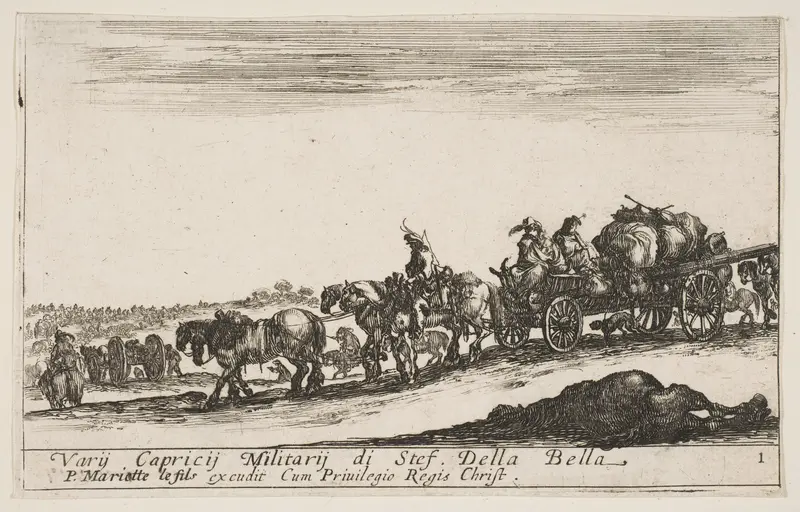 A horse drawn cart carrying people and goods, dead horse in the foreground, plate 1 from "Various Military Caprices" (Varii capricci militari) Wall Art by Stefano della Bella - High-Resolution Digital Print