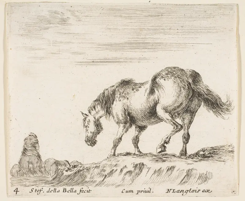 A horse in profile facing the left, about to descend from a mound, a horseman to left in background, plate 4 from "Diversi capricci" Wall Art by Stefano della Bella - High-Resolution Digital Print