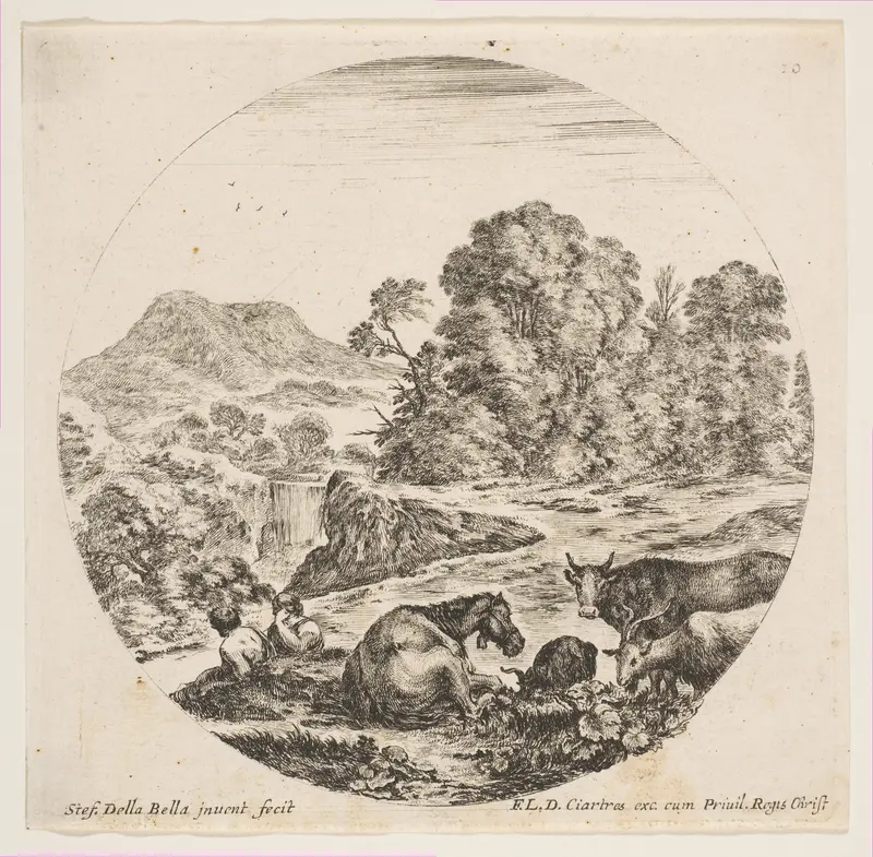 A horse lying down at center, a cow and two goats at right, two seated shepherds to left, a waterfall and a mountain at left in the background, plate 10 from "Roman landscapes and ruins" (Paysages et ruines de Rome) Wall Art by Stefano della Bella - High-Resolution Digital Print