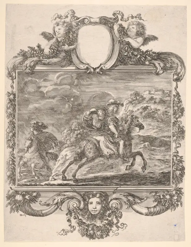 A horseman and a lady riding side saddle, galloping towards the right, another horseman follows, in an elaborate frame decorated with a mask of a young woman, cherubs, and fruit Wall Art by Stefano della Bella - High-Resolution Digital Print