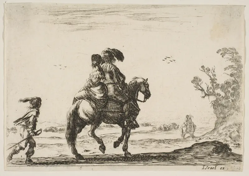 A horseman and a woman, seen from behind, riding towards the right with a young man following them to left, another horseman and woman to right in the background, plate 10 from "Various Figures" (Agréable diversité de figures) Wall Art by Stefano della Bella - High-Resolution Digital Print