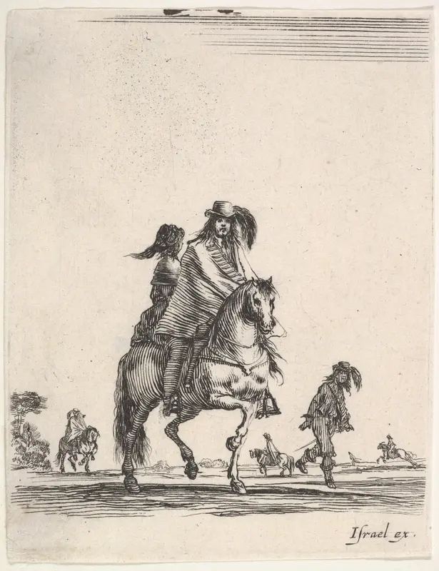 A horseman and his wife, seated side-saddle behind him, riding towards the right, other horsemen and footsoldiers in the background, from "Various cavalry exercises" (Diverses exercices de cavalerie) Wall Art by Stefano della Bella - High-Resolution Digital Print