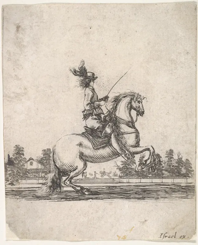 A horseman atop a rearing horse, in profile and turned towards the right, gardens in the background, from "Various cavalry exercises" (Diverses exercices de cavalerie) Wall Art by Stefano della Bella - High-Resolution Digital Print