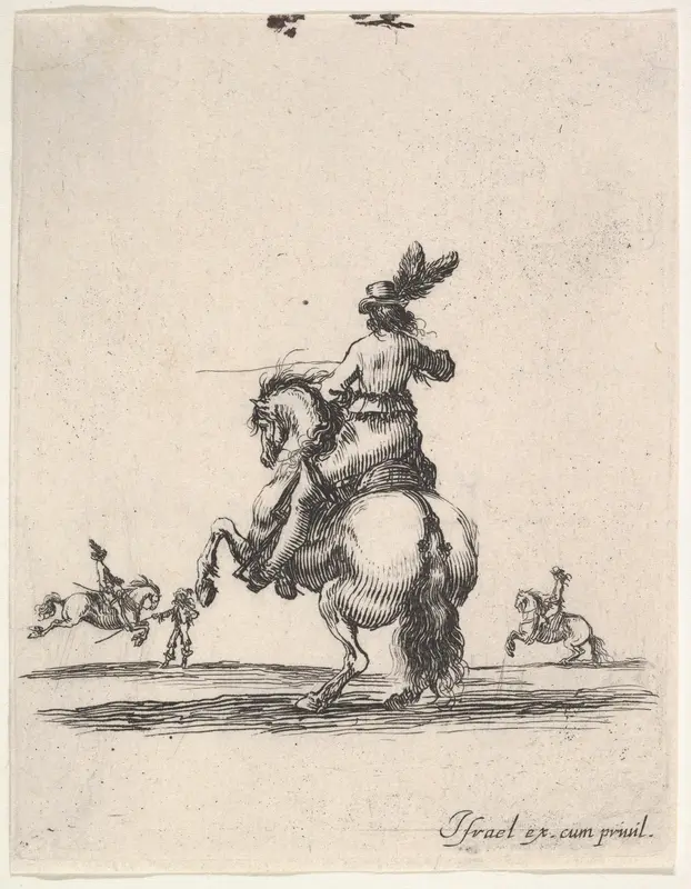 A horseman atop a rearing horse, seen from behind and turned towards the left, two horsemen in the background, from "Various cavalry exercises" (Diverses exercices de cavalerie) Wall Art by Stefano della Bella - High-Resolution Digital Print
