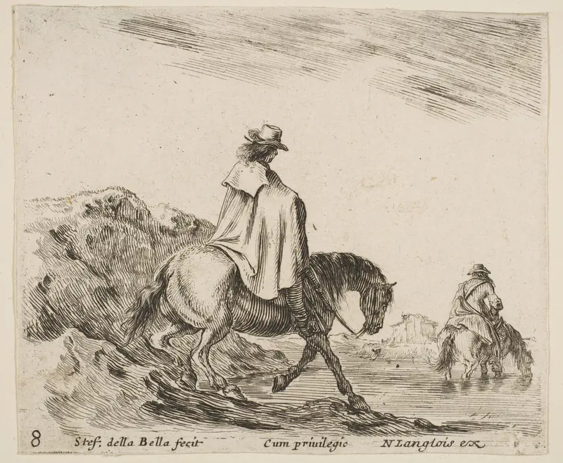 A horseman descends a riverbank, another horseman in river to right, plate 8 from "Diversi capricci" Wall Art by Stefano della Bella - High-Resolution Digital Print