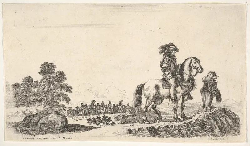 A horseman facing right in profile asking a young man for directions, a dead horse to left, a group of horsemen to left in the background, from "Various figures and lands" (Diverse figure e paesi) Wall Art by Stefano della Bella - High-Resolution Digital Print
