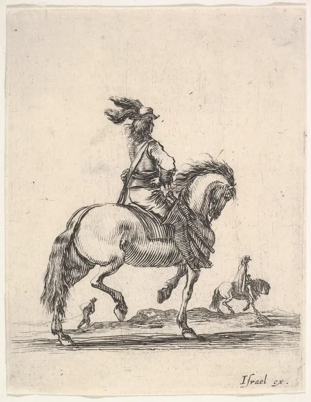 A horseman in center, walking towards the right, a horseman and a footsoldier in the background, seen from behind, from "Various cavalry exercises" (Diverses exercices de cavalerie) Wall Art by Stefano della Bella - High-Resolution Digital Print