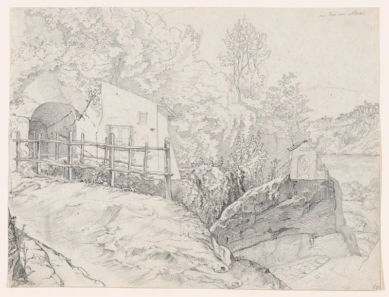 A House near a Grotto and a Roadside Chapel at Lake Nemi, with a View of Genzano from the North; verso: Sketch of Trees on the Border of a Lake, with Mountains in the Background Wall Art by Johann Martin von Rohden - High-Resolution Digital Print