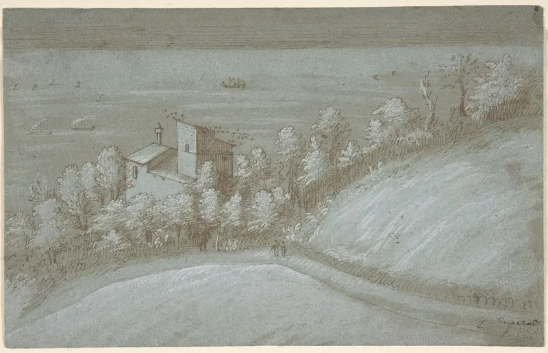 A House with a Dovecote and Trees by the Sea Wall Art by Gherardo Cibo - High-Resolution Digital Print