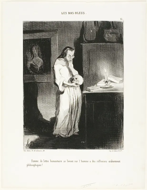 A humanist woman of letters abandoning herself to the cerebral philosophic reflections on the subject of man!, plate 15 from Les Bas-Bleus