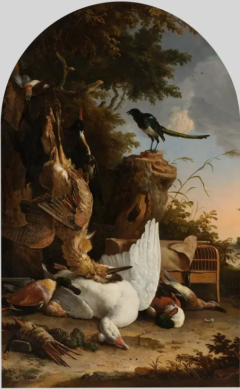 A Hunter’s Bag near a Tree Stump with a Magpie, Known as ‘The Contemplative Magpie’ Wall Art by Melchior d' Hondecoeter - High-Resolution Digital Print