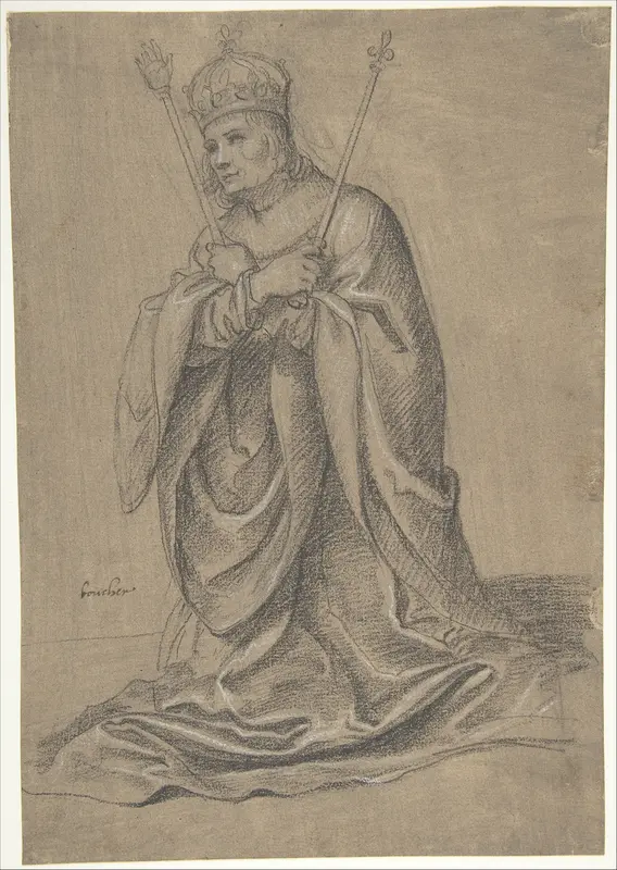 A Kneeling King of France Holding the Scepters of Royal Authority Wall Art by Jean Boucher - High-Resolution Digital Print