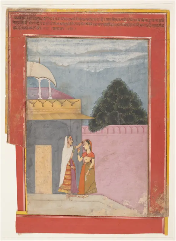 A Lady and Her Duenna: Page from a Dispersed Rasikapriya (Lover's Breviary) Wall Art by Ibrahim - High-Resolution Digital Print
