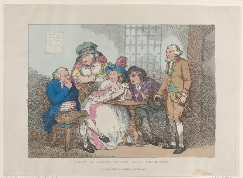 A Lady in Limbo, or Jew Bail Rejected Wall Art by Thomas Rowlandson - High-Resolution Digital Print
