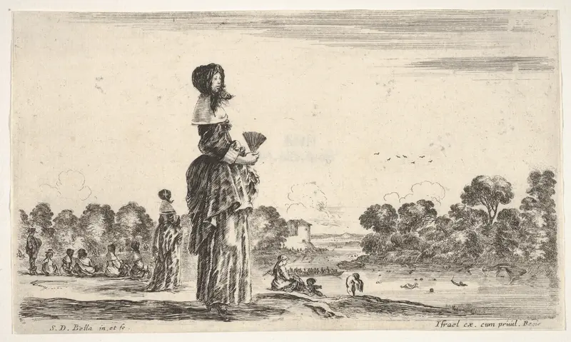 A lady standing in center holding a fan watching the bathers in the river to right, other ladies and men watching bathers to left in the background, from "Various figures and lands" (Diverse figure e paesi) Wall Art by Stefano della Bella - High-Resolution Digital Print