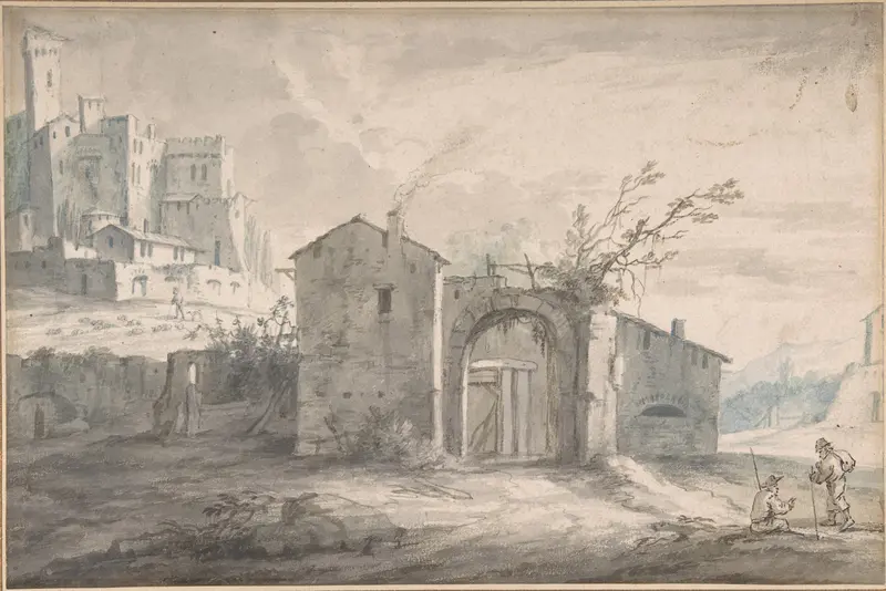 A landscape with a farm house and two figures, a fortified village seen beyond Wall Art by Adriaen Fransz. Boudewijns - High-Resolution Digital Print
