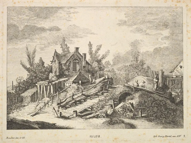 A Landscape with a Home and Three Men on a Bridge Wall Art by Johann Georg Hertel - High-Resolution Digital Print
