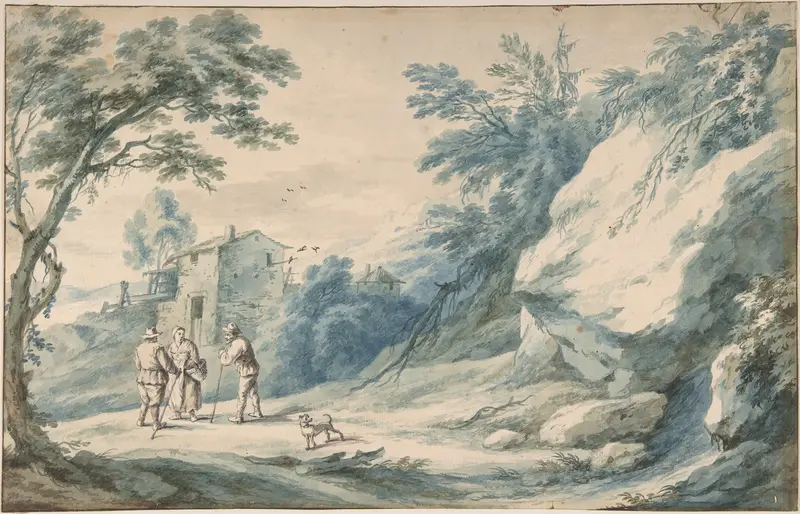 A landscape with travelers, a ruined building and a fortified town Wall Art by Adriaen Fransz. Boudewijns - High-Resolution Digital Print