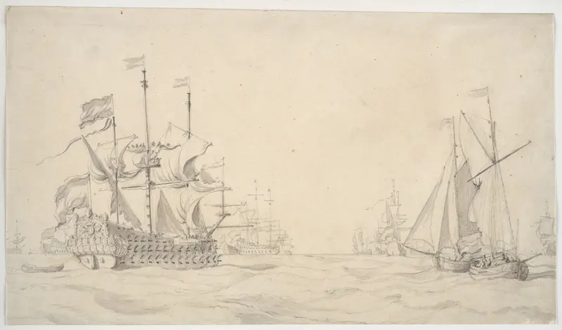 A Large Dutch Ship with a Fleet at Sea and Two Small Vessels Wall Art by Willem van de Velde I - High-Resolution Digital Print