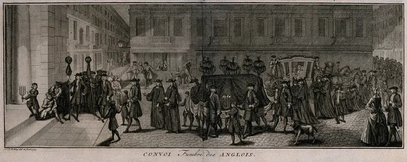 A large funeral procession following a bier with a corpse into a church Wall Art by Jakob van der Schley - High-Resolution Digital Print