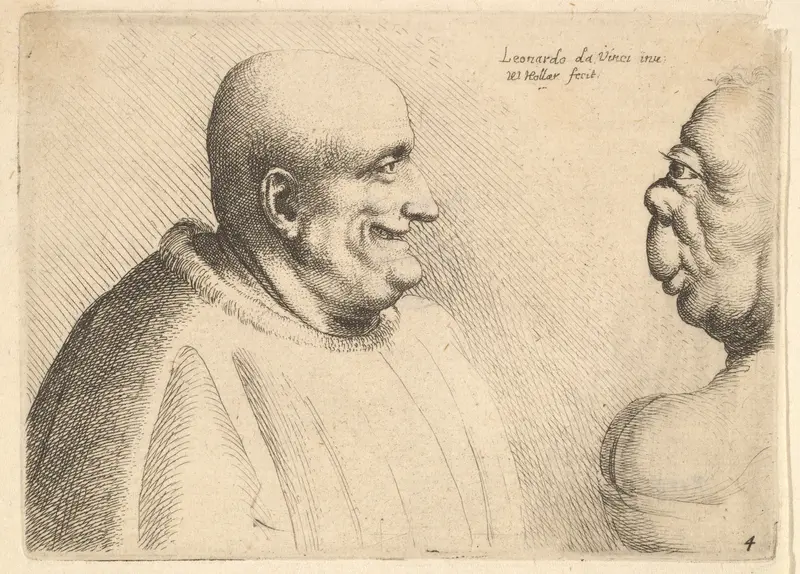 A large man with a bald head facing a grotesque female Wall Art by Wenceslaus Hollar - High-Resolution Digital Print