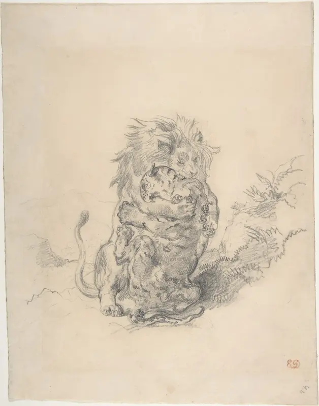 A Lion and a Tiger, Fighting Wall Art by Eugène Delacroix - High-Resolution Digital Print