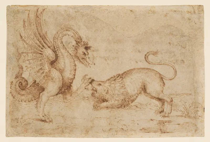 A Lion Confronting a Dragon Wall Art by Anonymous, Italian, Tuscan, 16th century - High-Resolution Digital Print