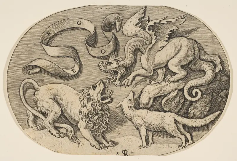 A lion, dragon and fox fighting each other, an inscribed banderole above, an oval composition