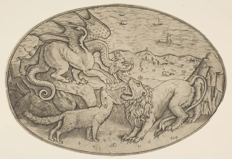 A lion, dragon and fox fighting each other, boats on the sea in the background, an oval composition
