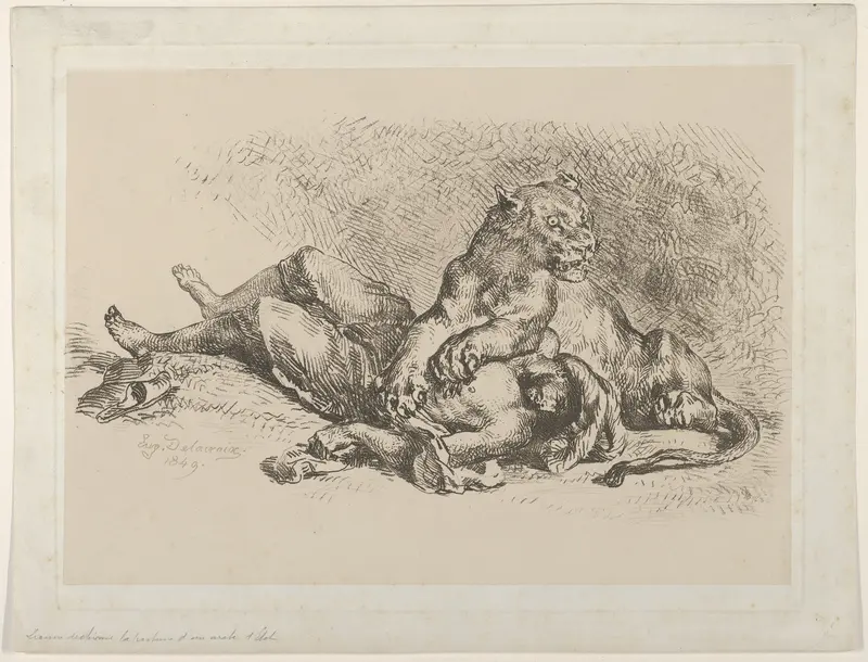 A Lioness Mauling the Chest of an Arab
