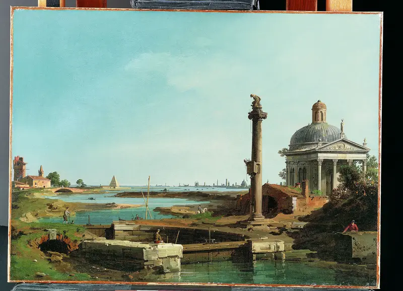 A Lock, a Column, and a Church beside a Lagoon Wall Art by Canaletto (Giovanni Antonio Canal) - High-Resolution Digital Print