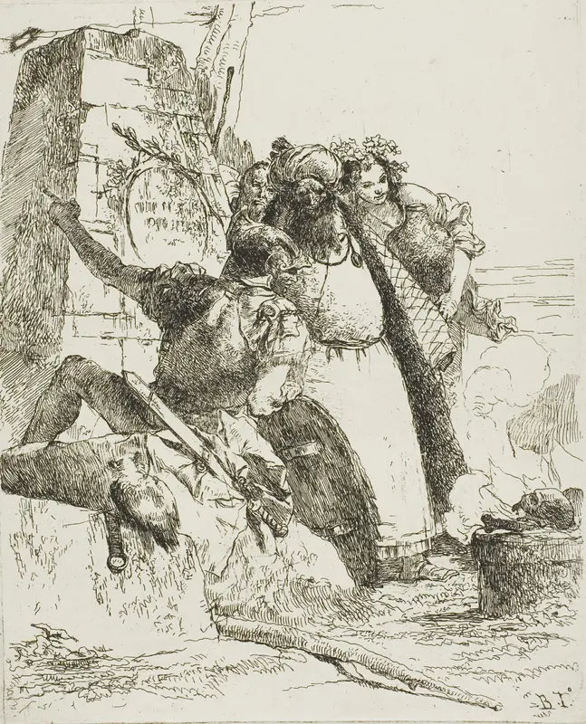 A Magician, A Soldier, and Three Figures Watching a Burning Skull, from Scherzi