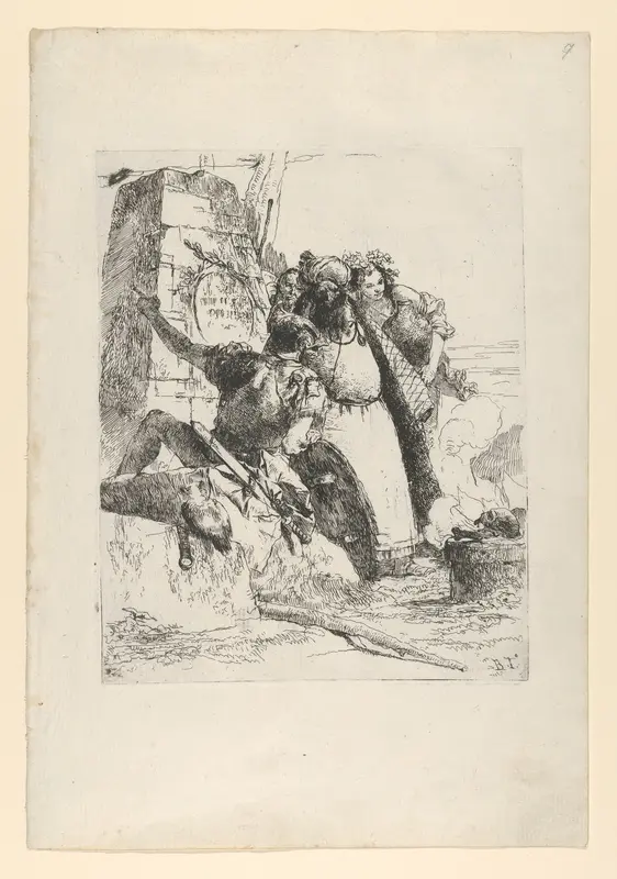 A magician, a soldier and three figures watching a burning skull from the Scherzi di Fantasia Wall Art by Giovanni Battista Tiepolo - High-Resolution Digital Print