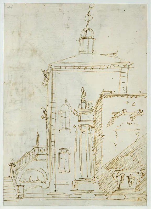 A Magnificent Pavilion by the Lagoon (recto); The Grand Canal, with the Rialto Bridge from the South (verso) Wall Art by Canaletto (Giovanni Antonio Canal) - High-Resolution Digital Print