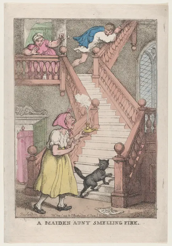 A Maiden Aunt Smelling Fire Wall Art by Thomas Rowlandson - High-Resolution Digital Print