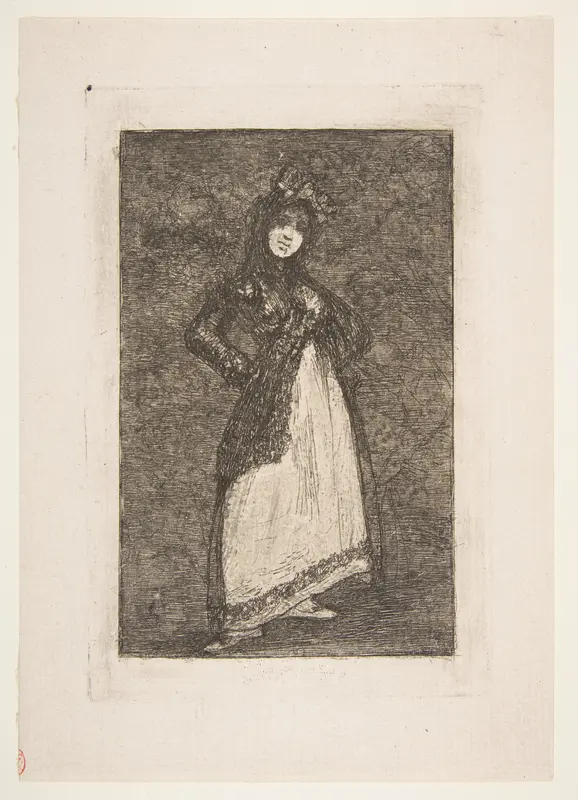 A Maja standing against a dark background with figures