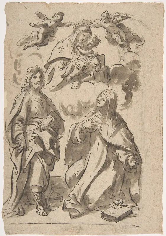 A Male and a Female Saint (Joseph of Aramathea? and Saint Catherine of Siena? Adoring the Virgin and Child in Glory (recto); Minerva Bellona with a Victorious Warrior (verso) Wall Art by Francesco di Maria - High-Resolution Digital Print