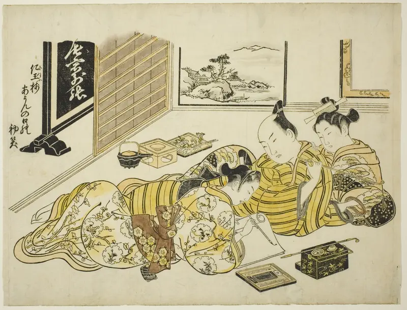 A Man and a Courtesan Watching a Young Man Writing, first sheet of the album "Mountain of Dyed Color, Specimens of Bedrooms (Someiro no yama neya no hinagata)" Wall Art by Okumura Masanobu - High-Resolution Digital Print