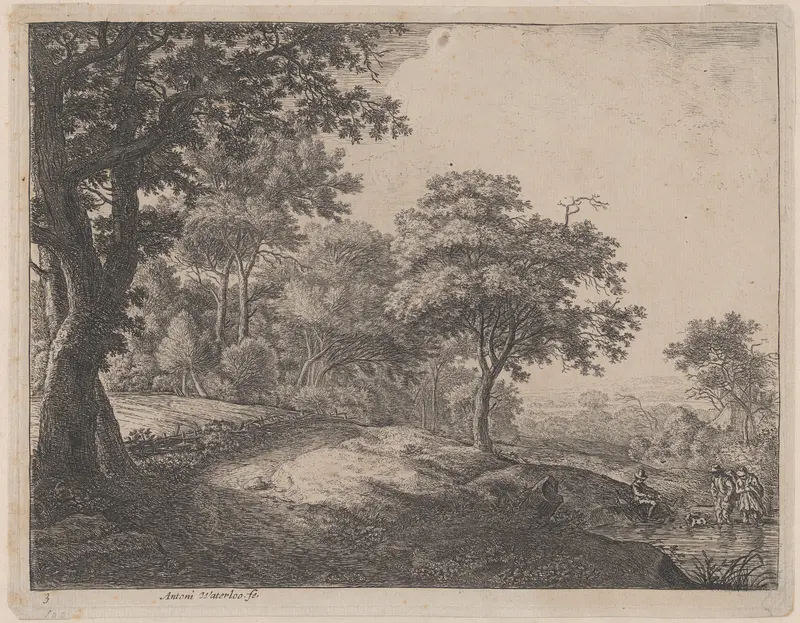 A Man and a Woman Crossing a Stream Wall Art by Anthonie Waterloo - High-Resolution Digital Print