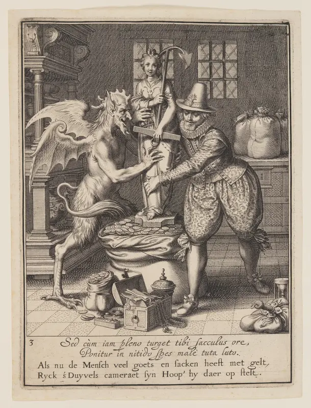 A Man and the Devil Filling a Sack with Money and Setting Up a Statue of Hope, from Allegory of the Misuse of Worldly Property Wall Art by Willem van Swanenburgh - High-Resolution Digital Print